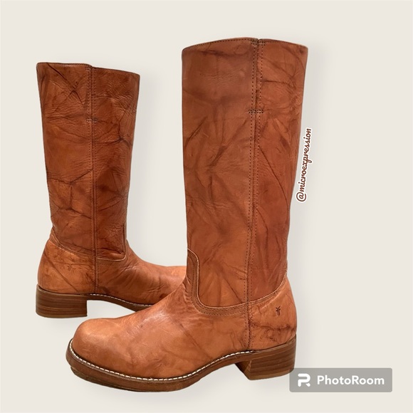 $599 Frye Campus 14L Cognac Leather Block Heel Square Knee High Tall Cowboy Boot - Picture 9 of 15